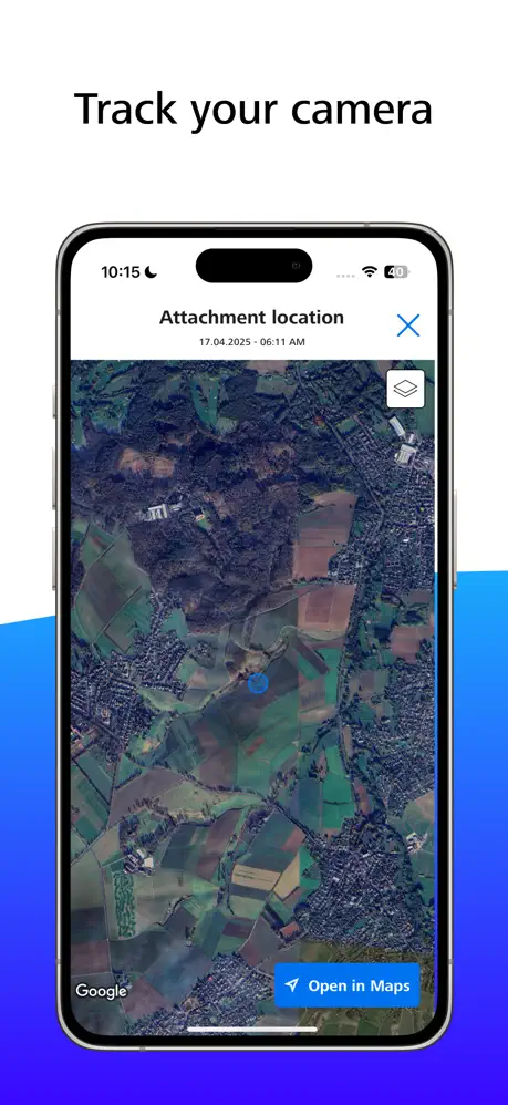 App Store screenshot: satellite map view showing the camera’s attachment location with an “Open in Maps” button. Headline on the image (English): “Track your camera”.