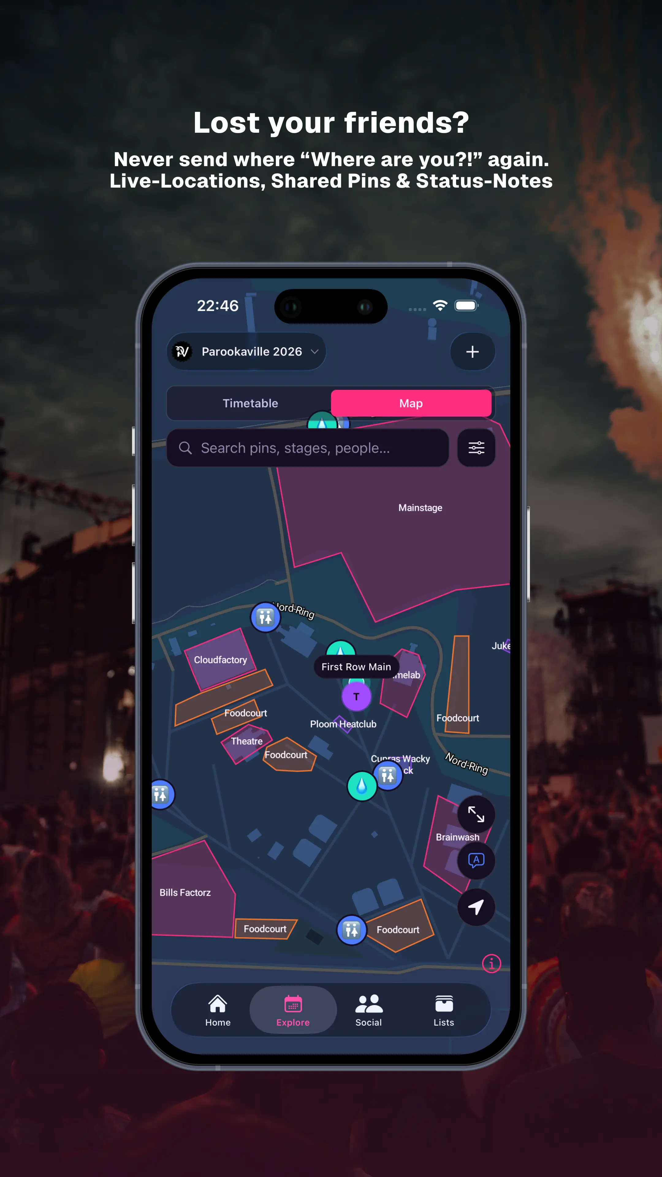 App screenshot: map of the festival site with stages, food courts, shared pins and live friend positions. Headline on the image (English): “Lost your friends?”